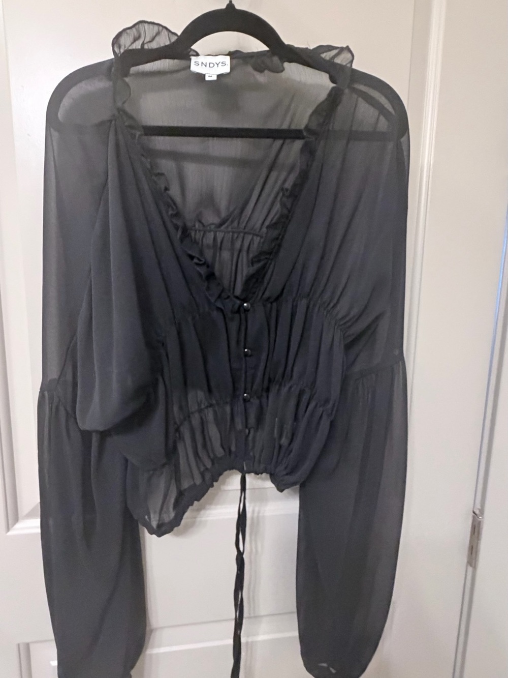 SNDYS Black Sheer Ruffle-Trim Peasant Blouse